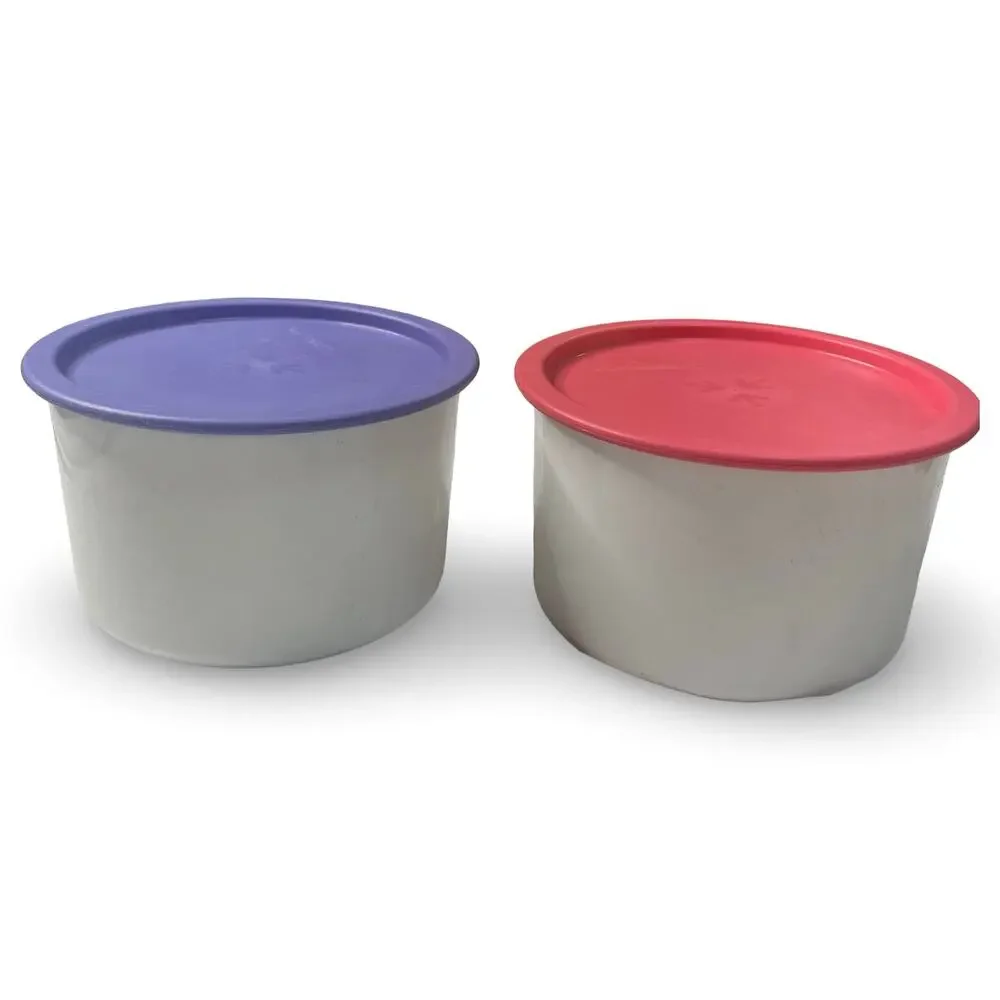 Tupperware One Touch Canister Set of 2 White 2708A Purple Pink Lid 2421A VTG